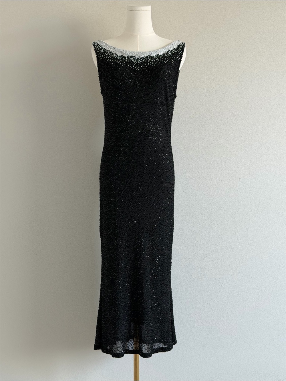 Scala Black & White Beaded Evening Dress Open Back Sleeveless Midi Glam - S